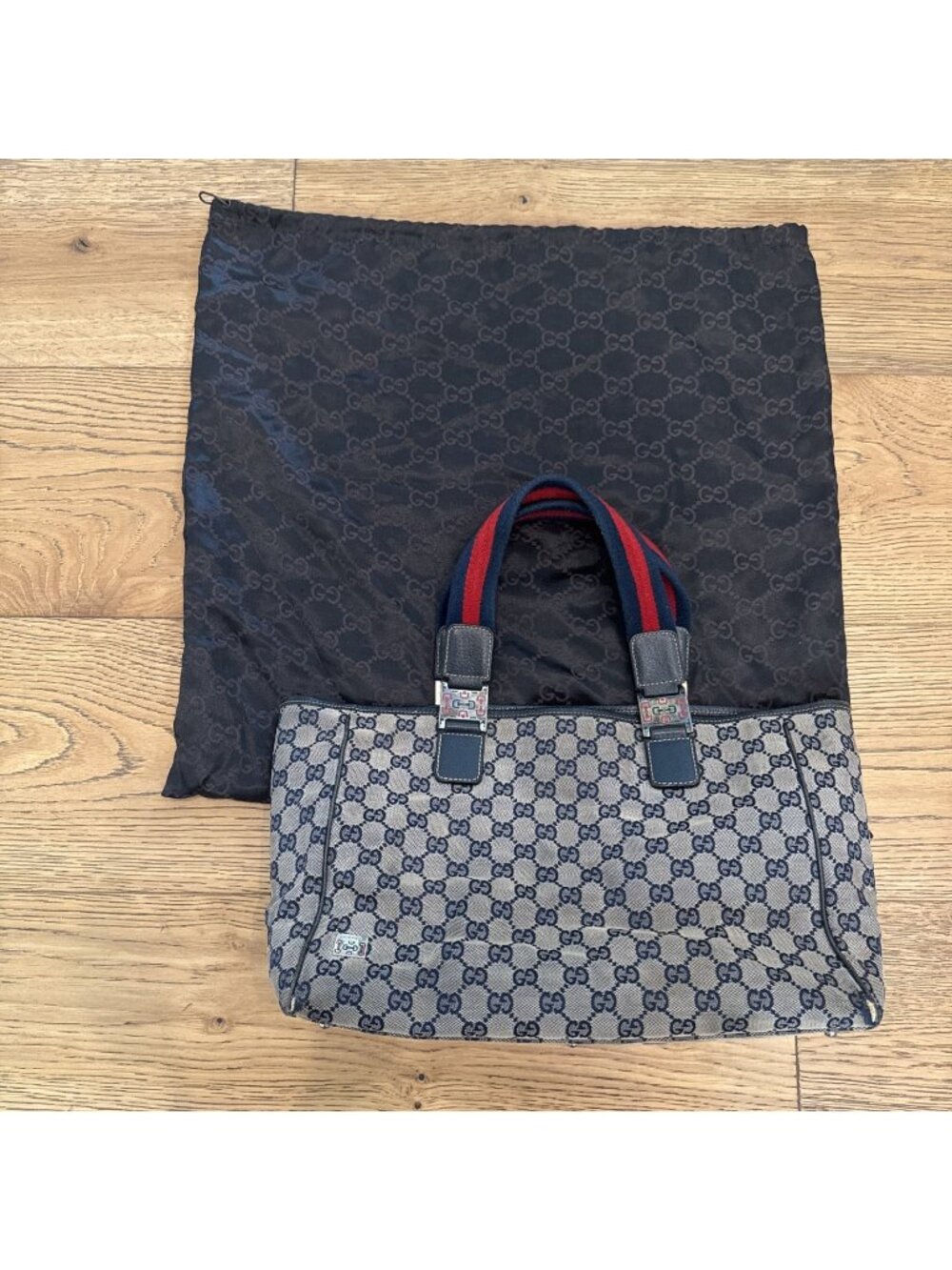 Authentic Vintage Gucci Monogram GG Canvas Tote with Navy Straps